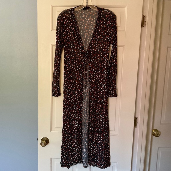 Lisa Bayne Kimono Duster Cardigan Black Geo Sheer Tie Front S Lagenlook Artsy - Picture 1 of 8